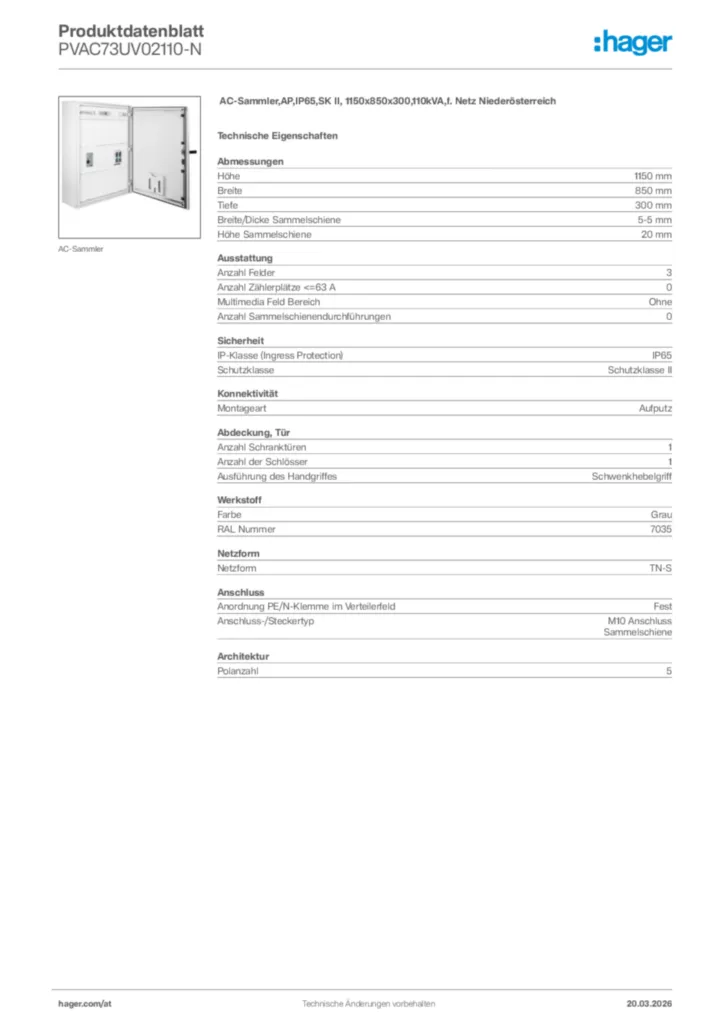 Bild Hager Produktdatenblatt PVAC73UV02110-N | Hager Deutschland