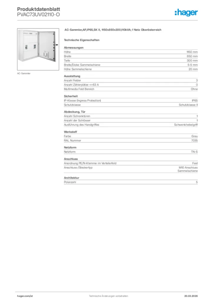 Bild Hager Produktdatenblatt PVAC73UV02110-O | Hager Deutschland