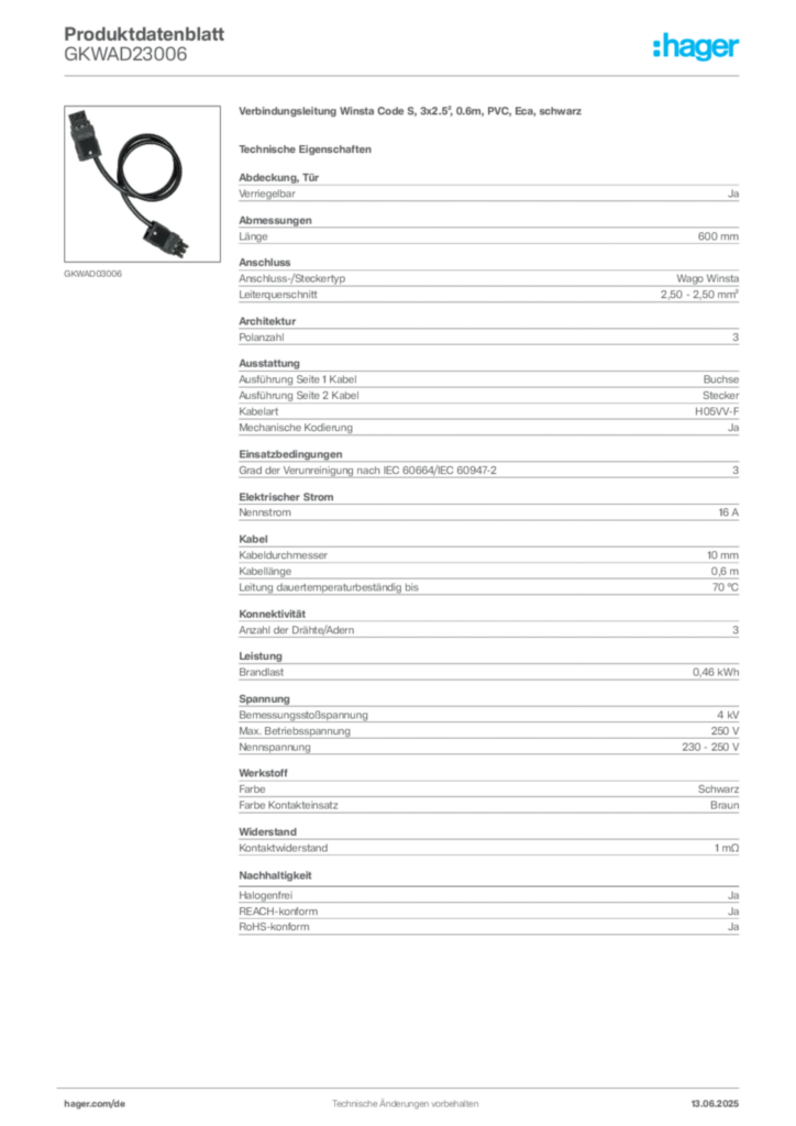 Hager Produktdatenblatt GKWAD23006