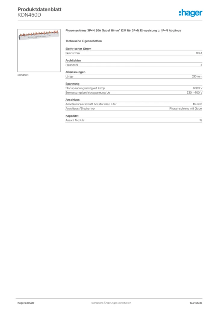 Bild Hager Produktdatenblatt KDN450D | Hager Deutschland