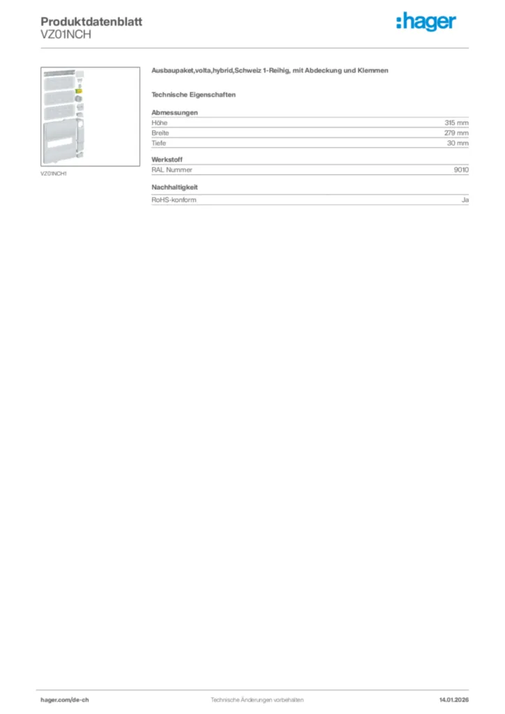 Bild Hager Produktdatenblatt VZ01NCH | Hager Schweiz