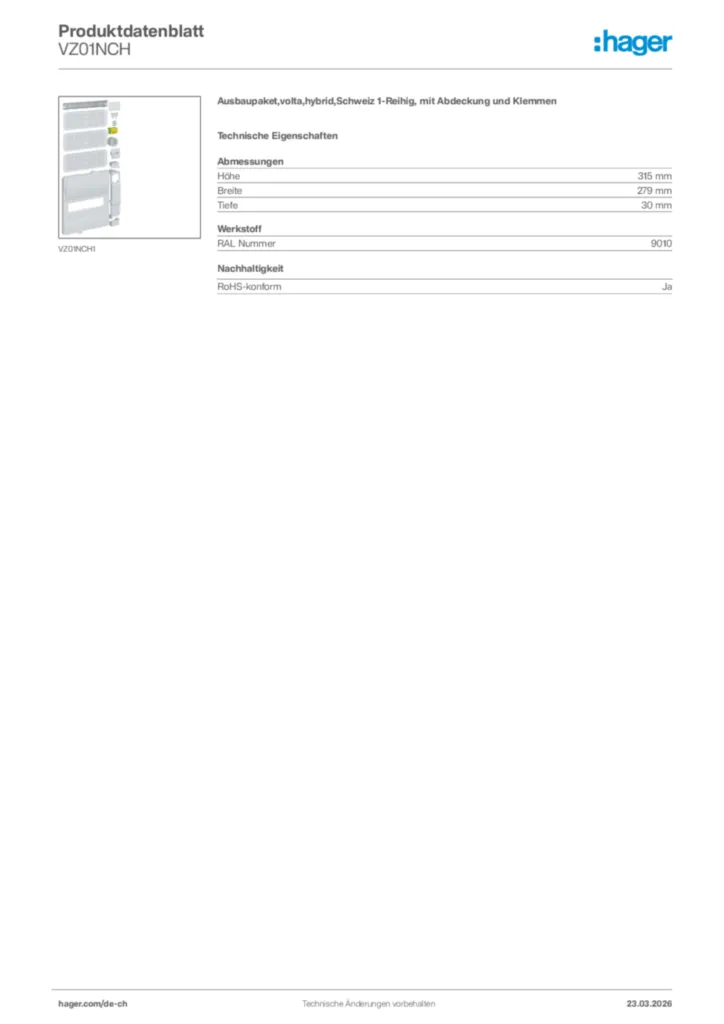 Bild Hager Produktdatenblatt VZ01NCH | Hager Schweiz