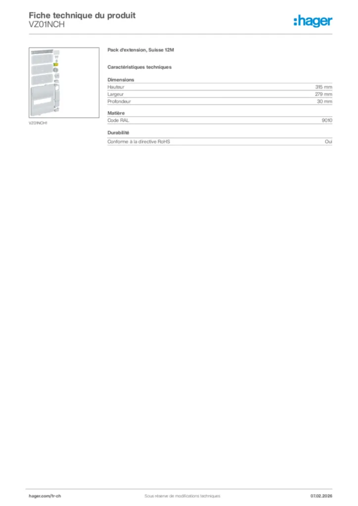 Image Hager Fiche technique du produit VZ01NCH | Hager Suisse