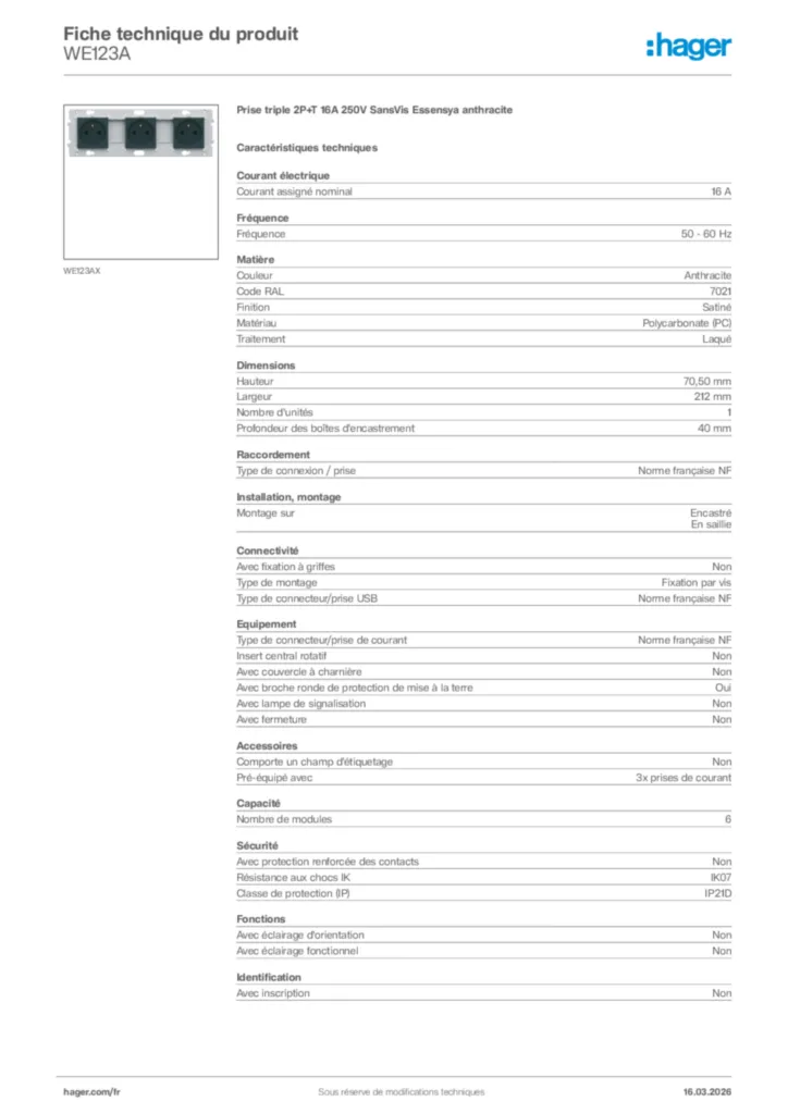 Image Hager Fiche technique du produit WE123A | Hager France