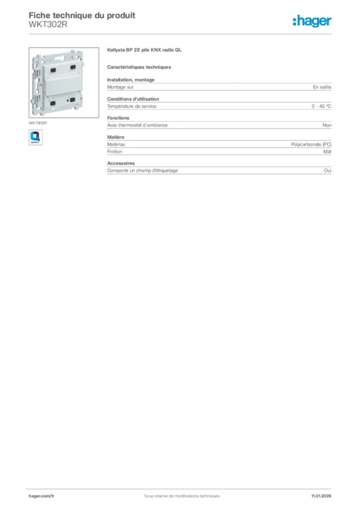 Image Hager Fiche technique du produit WKT302R | Hager France
