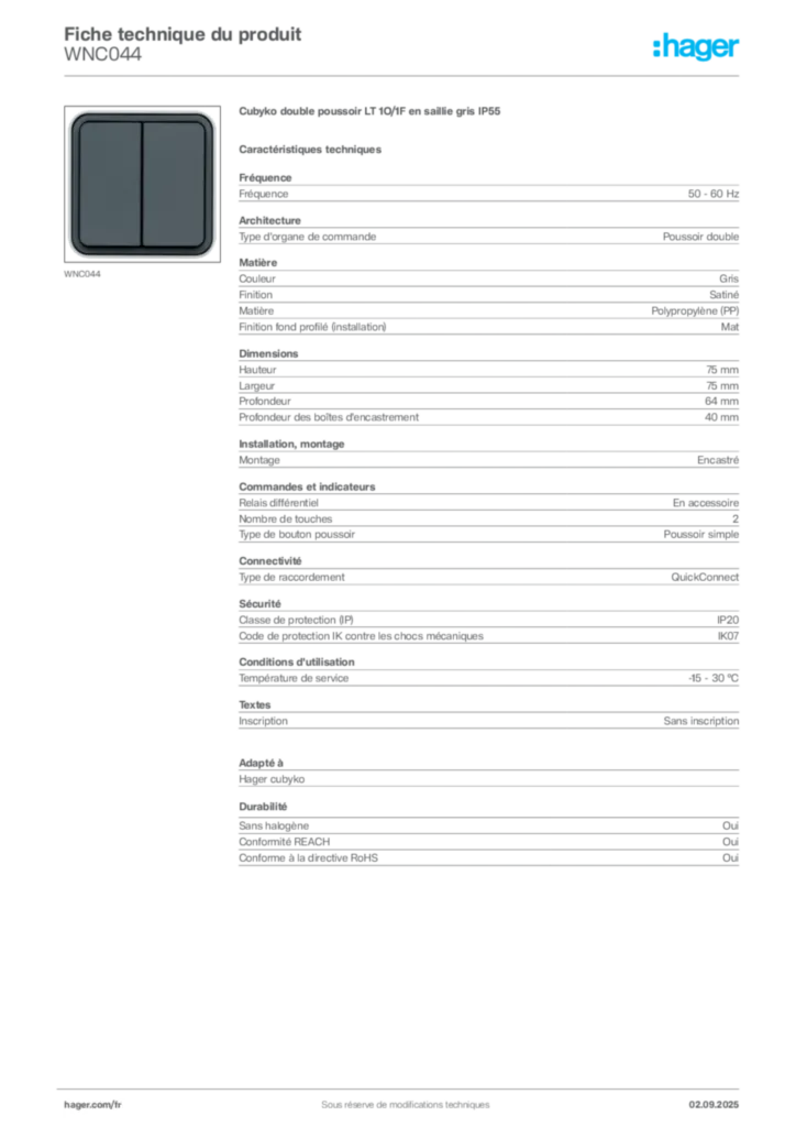 Image Hager Fiche technique du produit WNC044 | Hager France