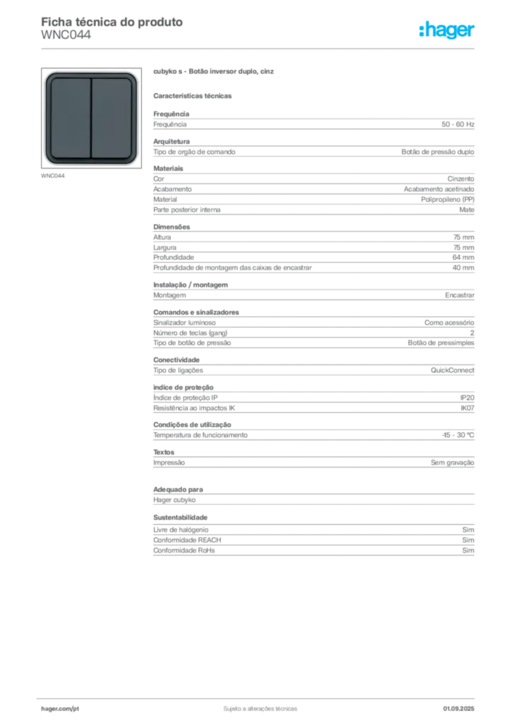 Imagem Hager Ficha técnica do produto WNC044 | Hager Portugal