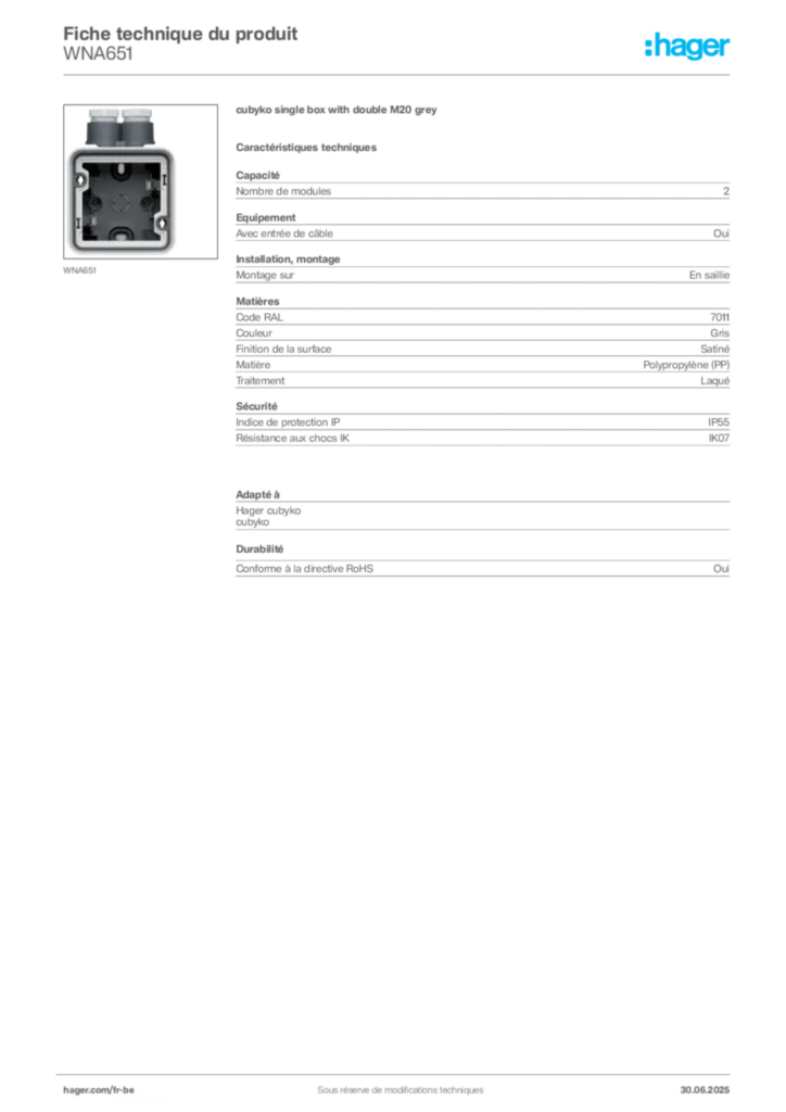 Image Hager Fiche technique du produit WNA651 | Hager Belgique