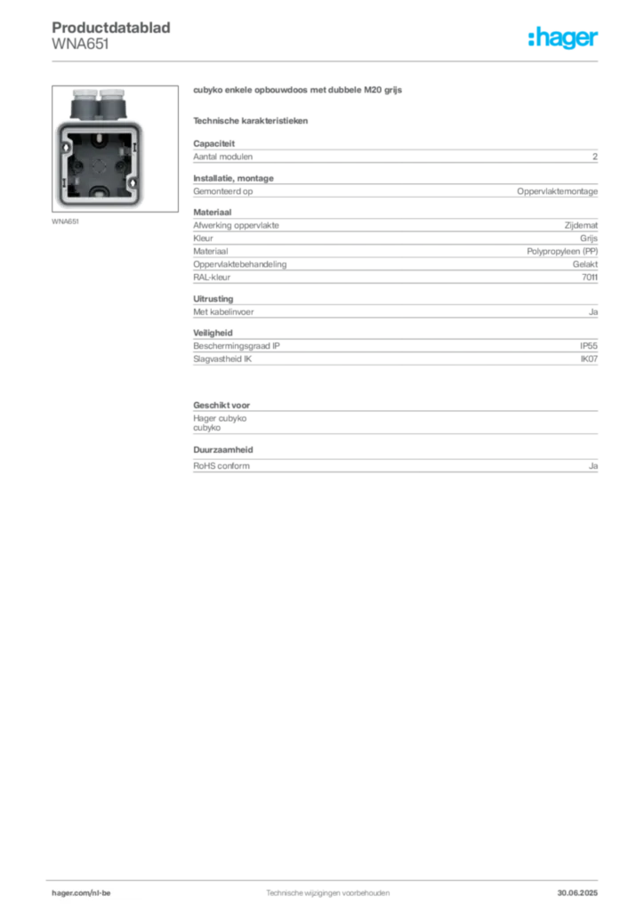 Afbeelding Hager Productdatablad WNA651 | Hager Belgium