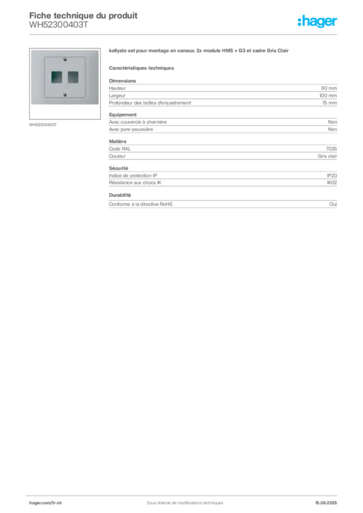 Image Hager Fiche technique du produit WH52300403T | Hager Suisse