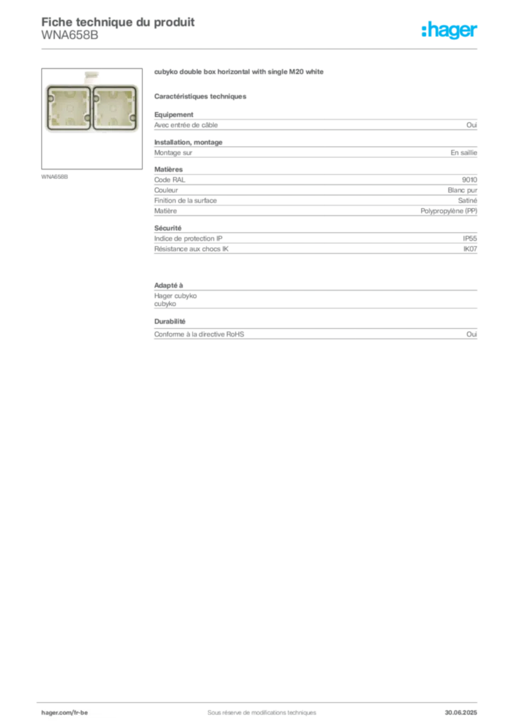 Image Hager Fiche technique du produit WNA658B | Hager Belgique