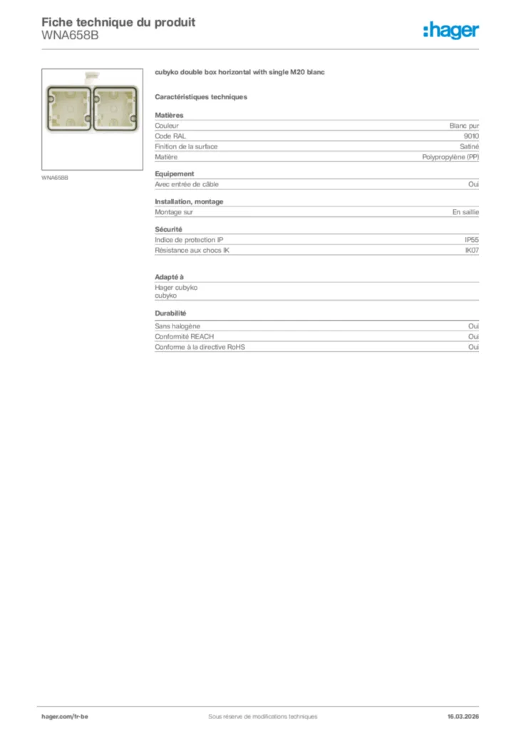 Image Hager Fiche technique du produit WNA658B | Hager Belgique