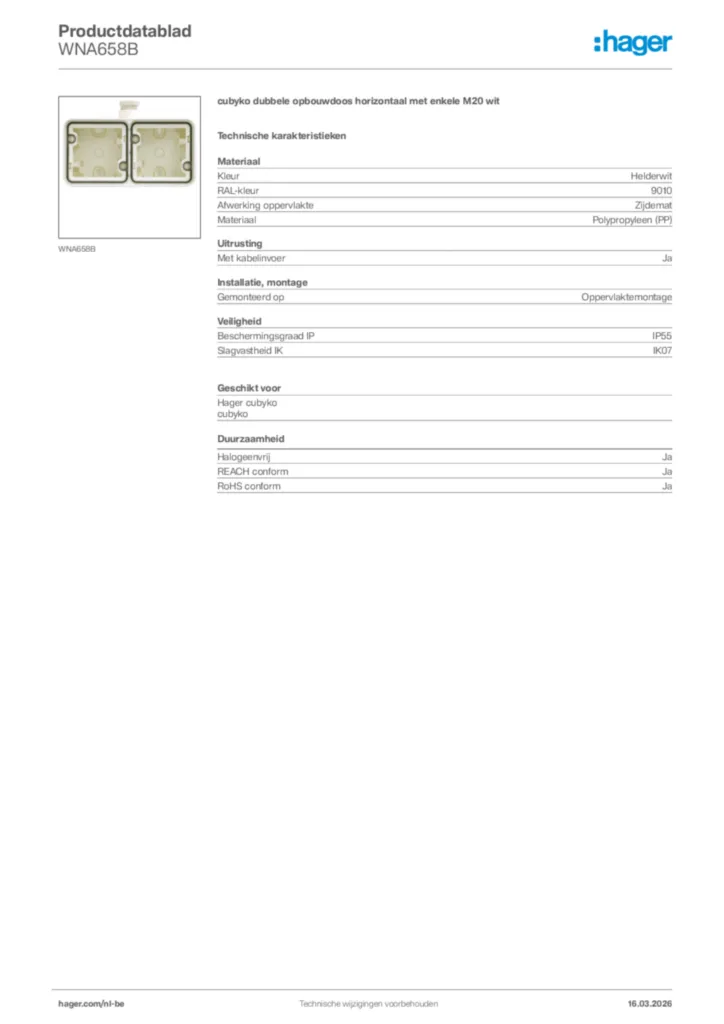 Afbeelding Hager Productdatablad WNA658B | Hager Belgium