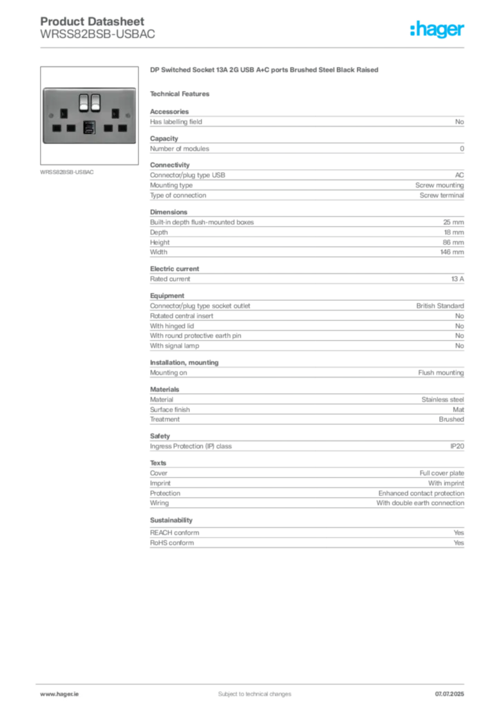 Image Hager Product data sheet WRSS82BSB-USBAC  | Hager
