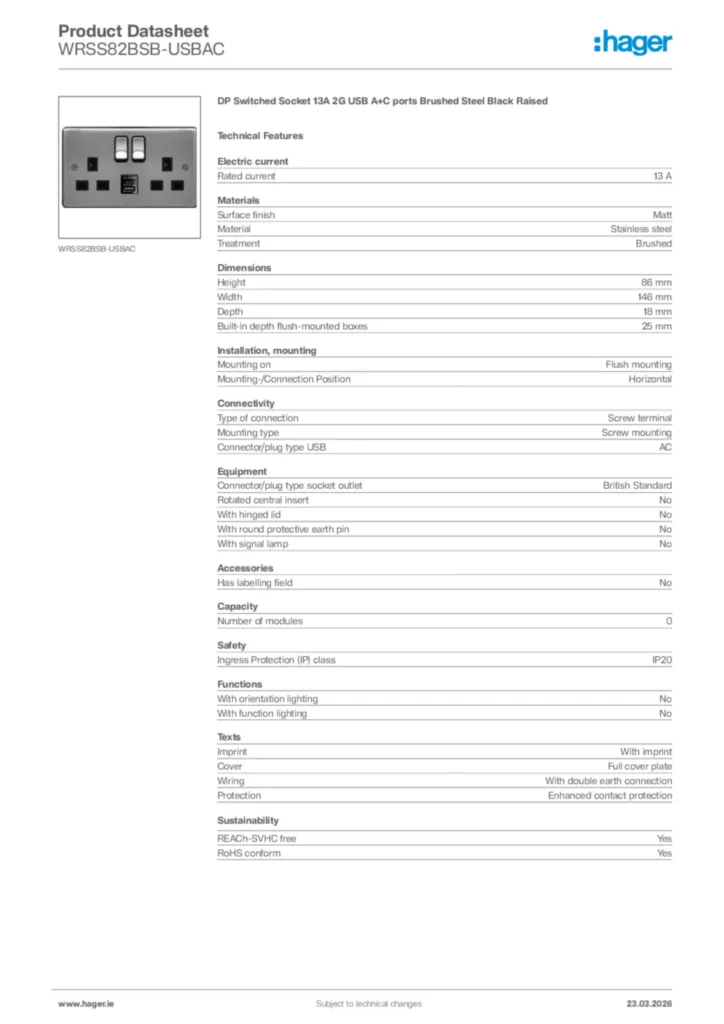 Image Hager Product data sheet WRSS82BSB-USBAC  | Hager