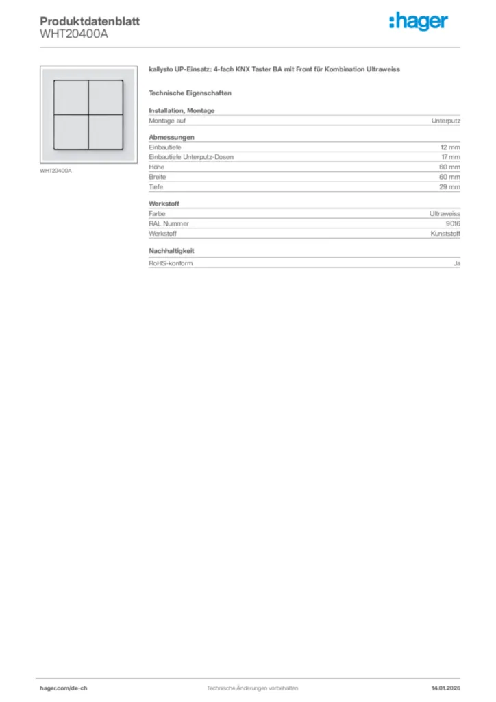 Bild Hager Produktdatenblatt WHT20400A | Hager Schweiz