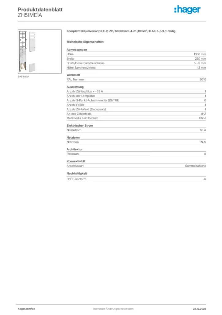 Bild Hager Produktdatenblatt ZH51ME1A | Hager Deutschland