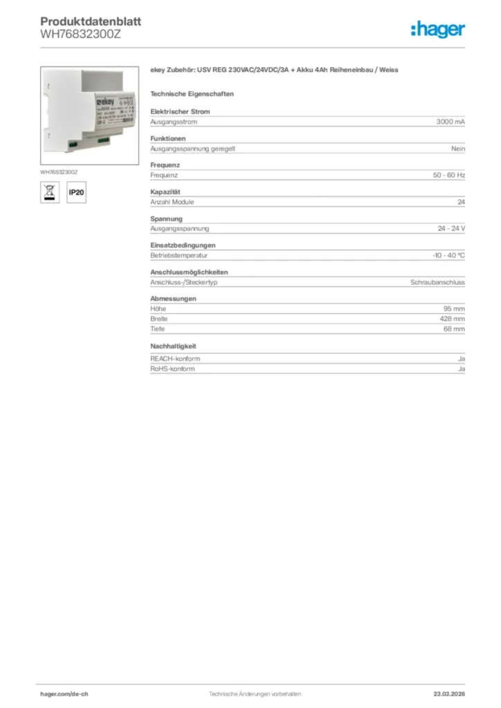 Bild Hager Produktdatenblatt WH76832300Z | Hager Schweiz