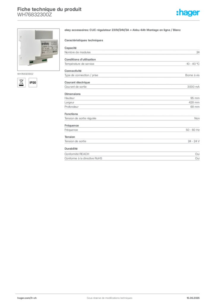 Image Hager Fiche technique du produit WH76832300Z | Hager Suisse
