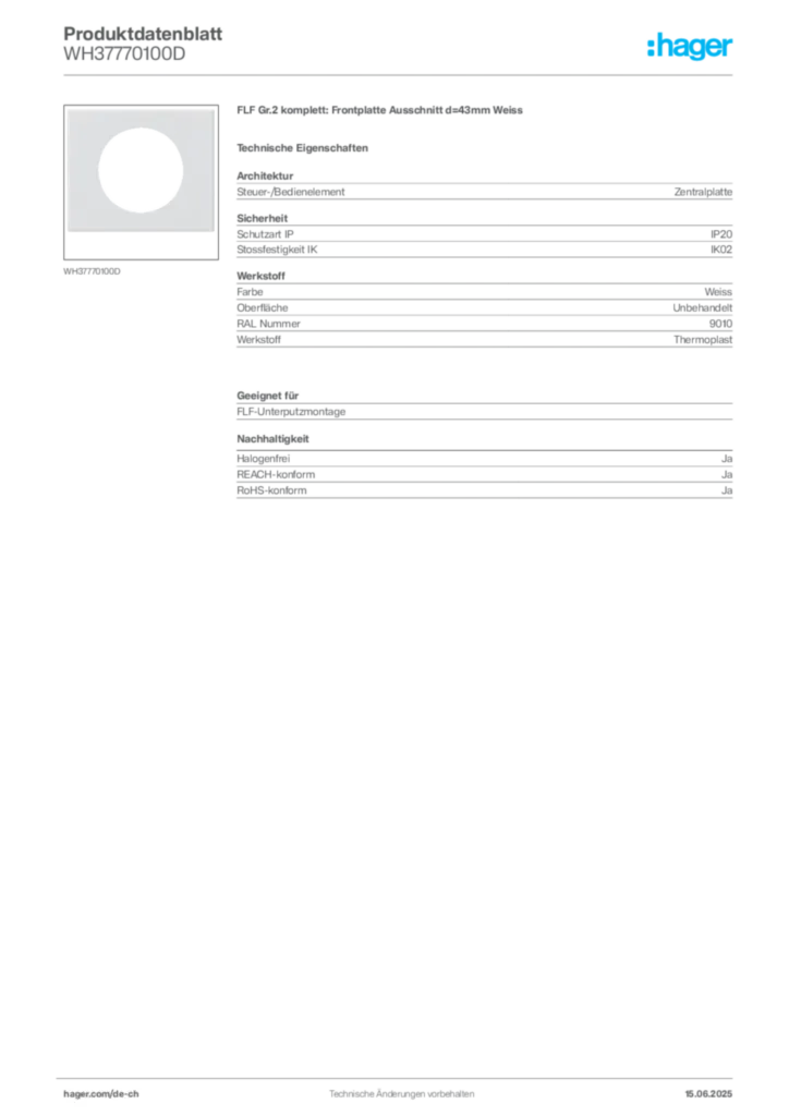Bild Hager Produktdatenblatt WH37770100D | Hager Schweiz