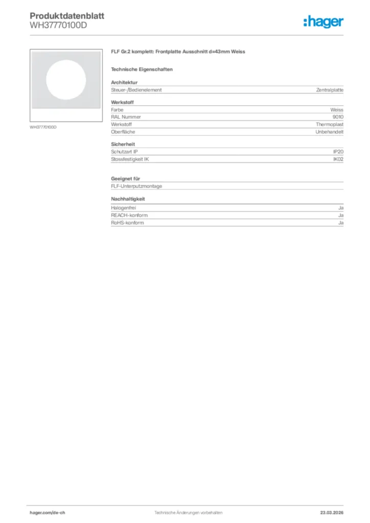 Bild Hager Produktdatenblatt WH37770100D | Hager Schweiz