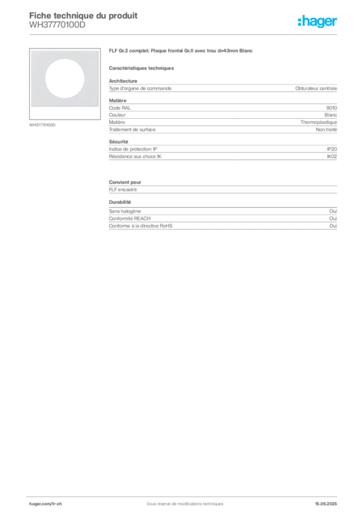 Image Hager Fiche technique du produit WH37770100D | Hager Suisse
