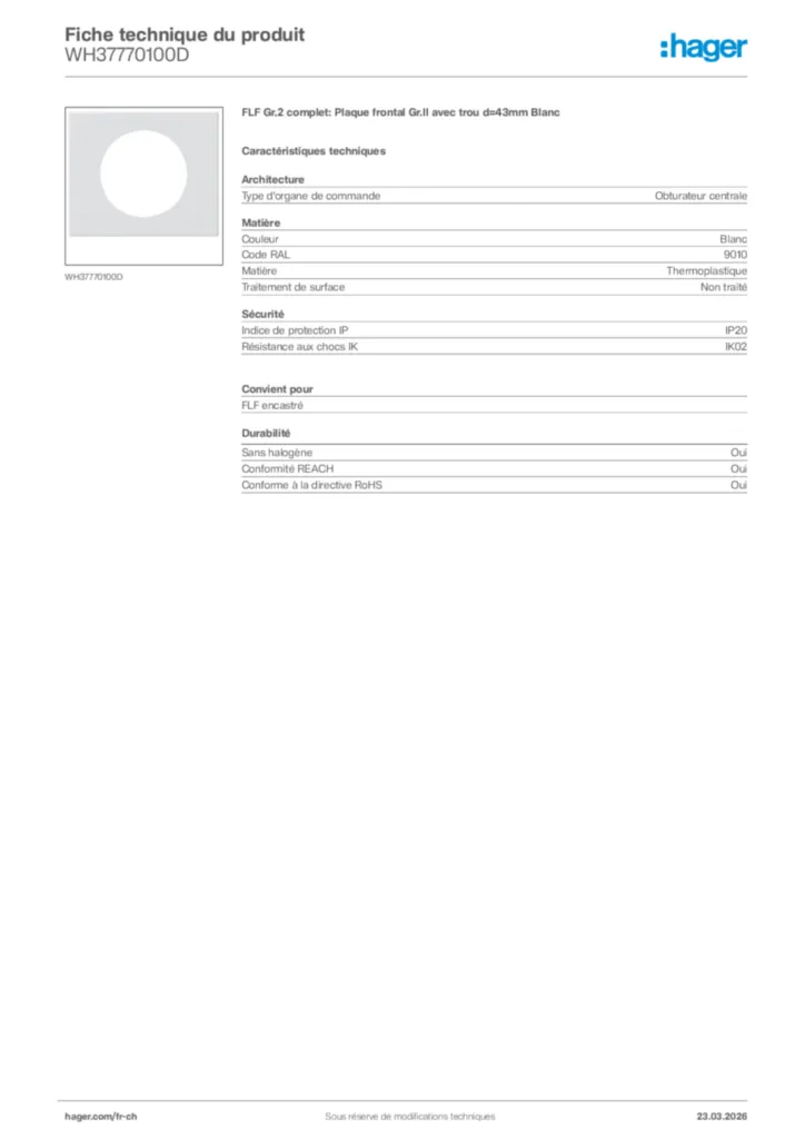 Image Hager Fiche technique du produit WH37770100D | Hager Suisse