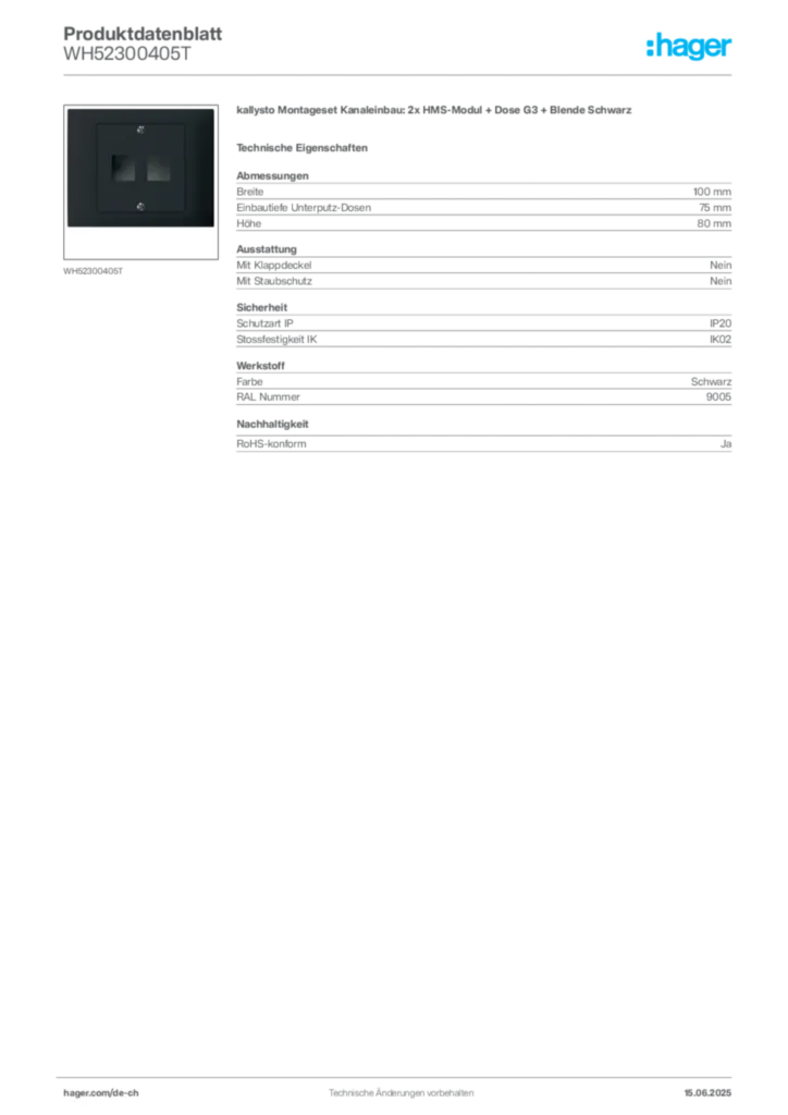 Bild Hager Produktdatenblatt WH52300405T | Hager Schweiz