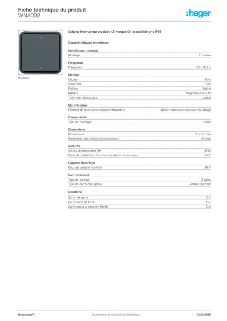 Image Hager Fiche technique du produit WNA008 | Hager France