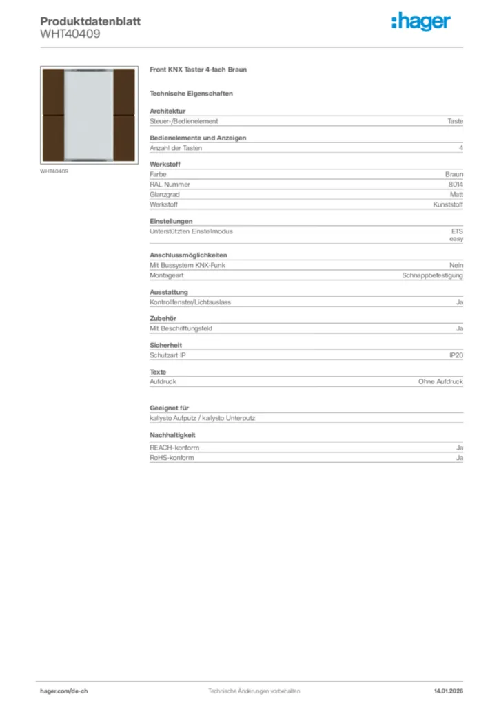 Bild Hager Produktdatenblatt WHT40409 | Hager Schweiz