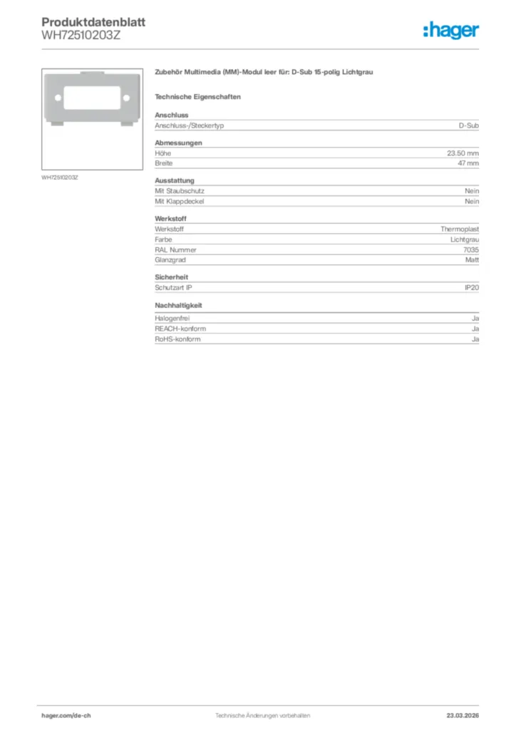 Bild Hager Produktdatenblatt WH72510203Z | Hager Schweiz