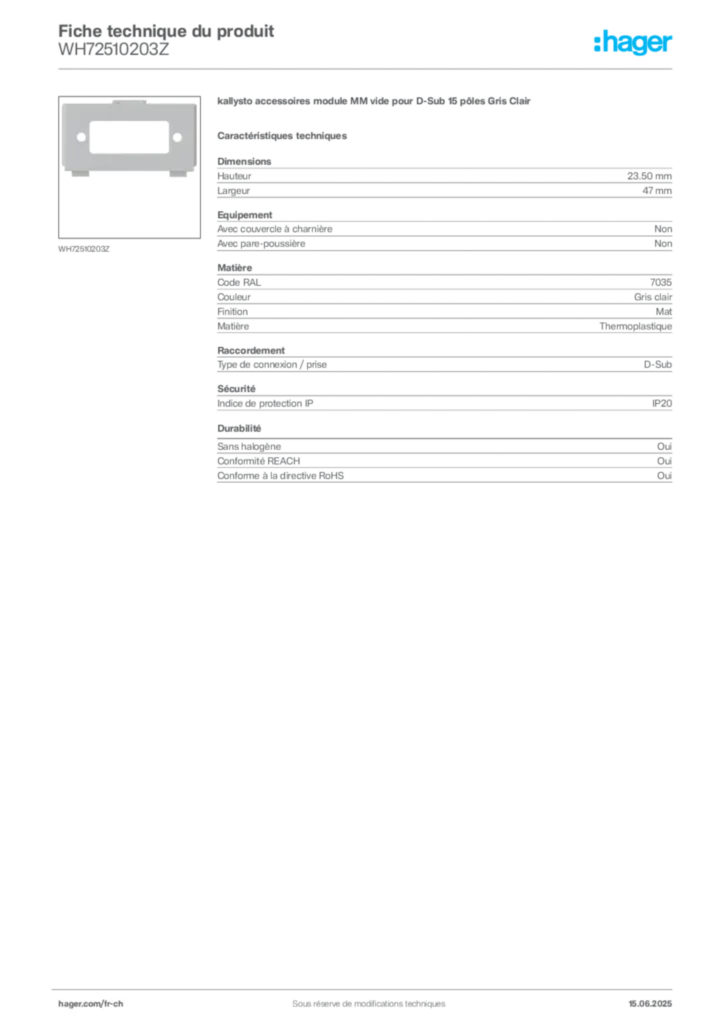 Image Hager Fiche technique du produit WH72510203Z | Hager Suisse
