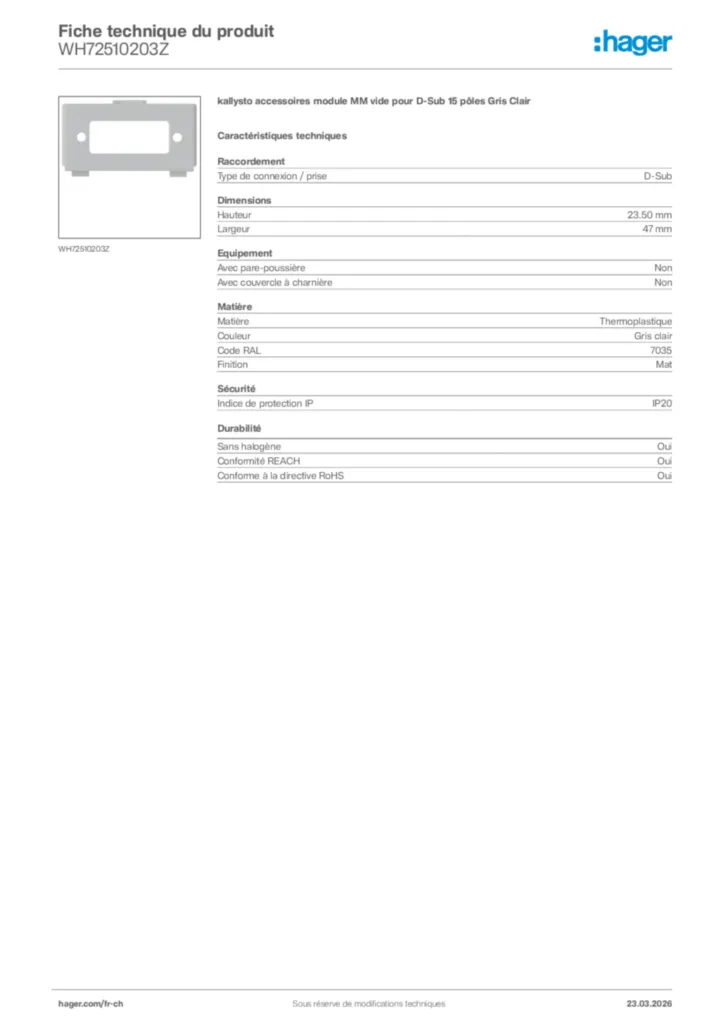 Image Hager Fiche technique du produit WH72510203Z | Hager Suisse