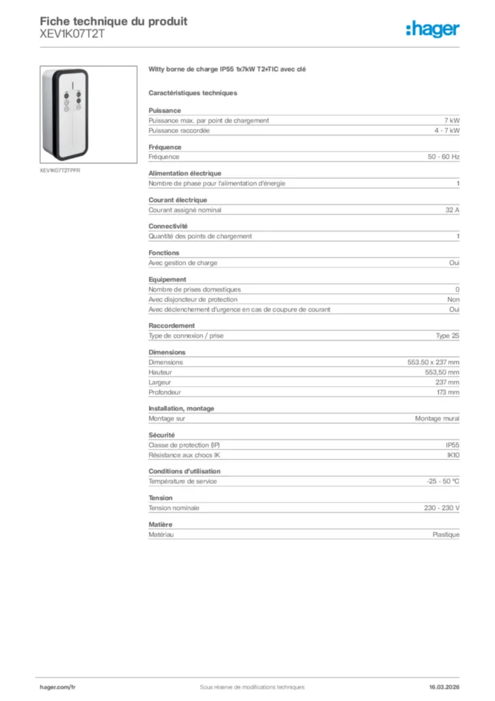 Image Hager Fiche technique du produit XEV1K07T2T | Hager France