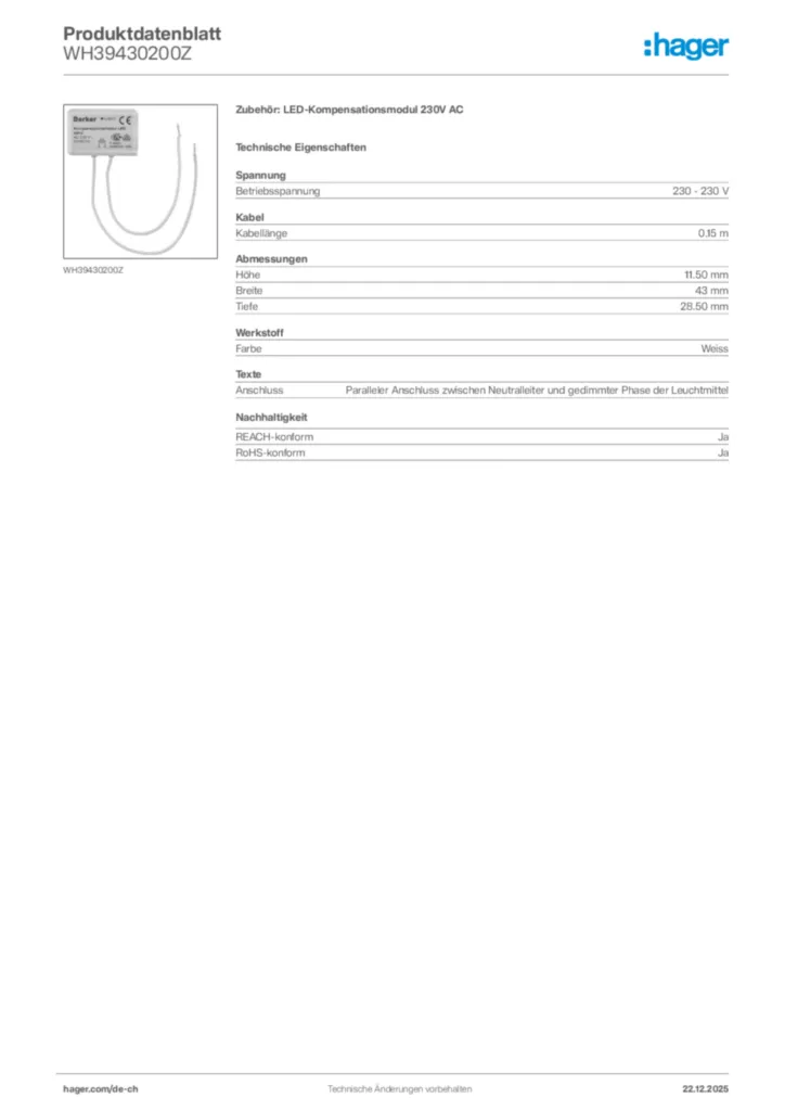 Bild Hager Produktdatenblatt WH39430200Z | Hager Schweiz