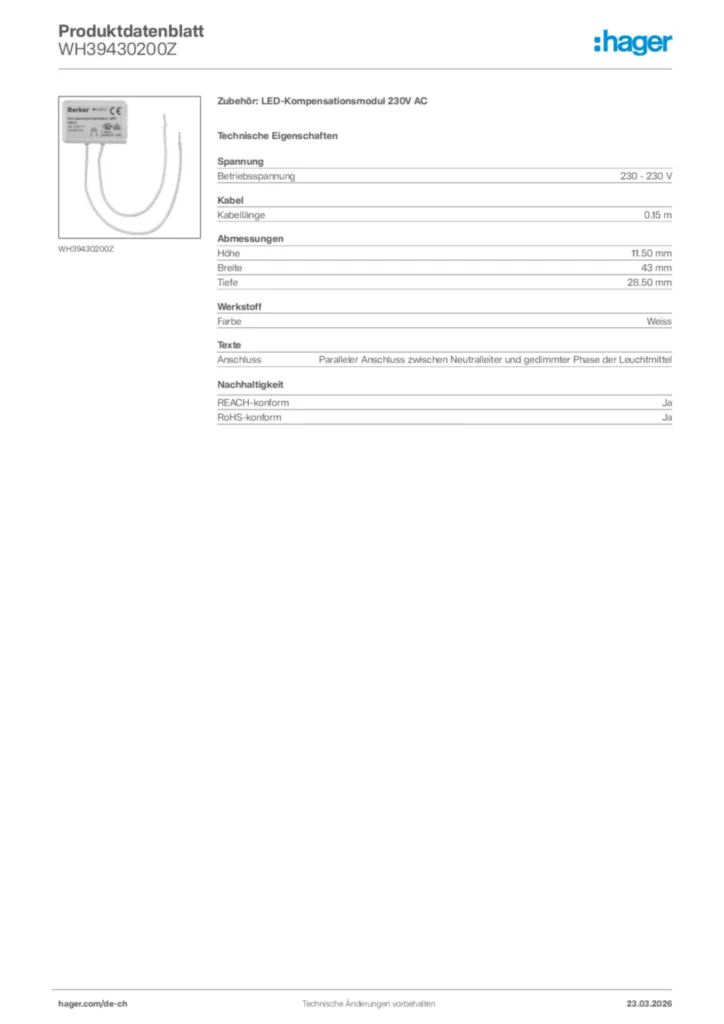 Bild Hager Produktdatenblatt WH39430200Z | Hager Schweiz