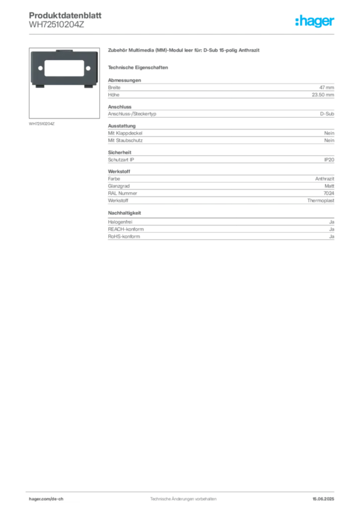Bild Hager Produktdatenblatt WH72510204Z | Hager Schweiz