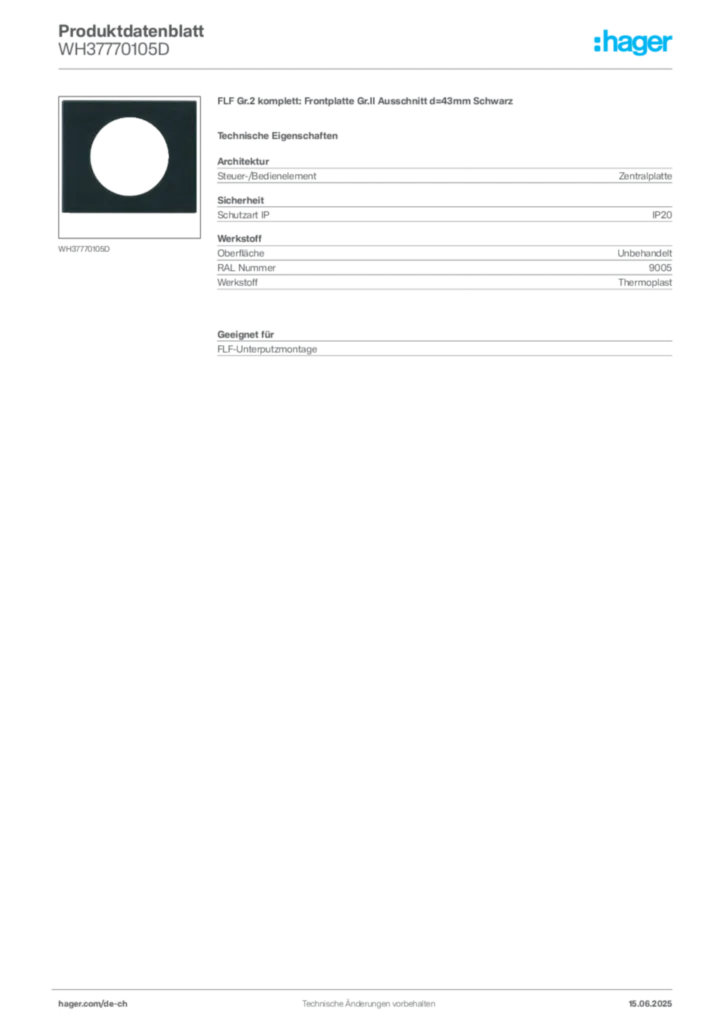 Bild Hager Produktdatenblatt WH37770105D | Hager Schweiz