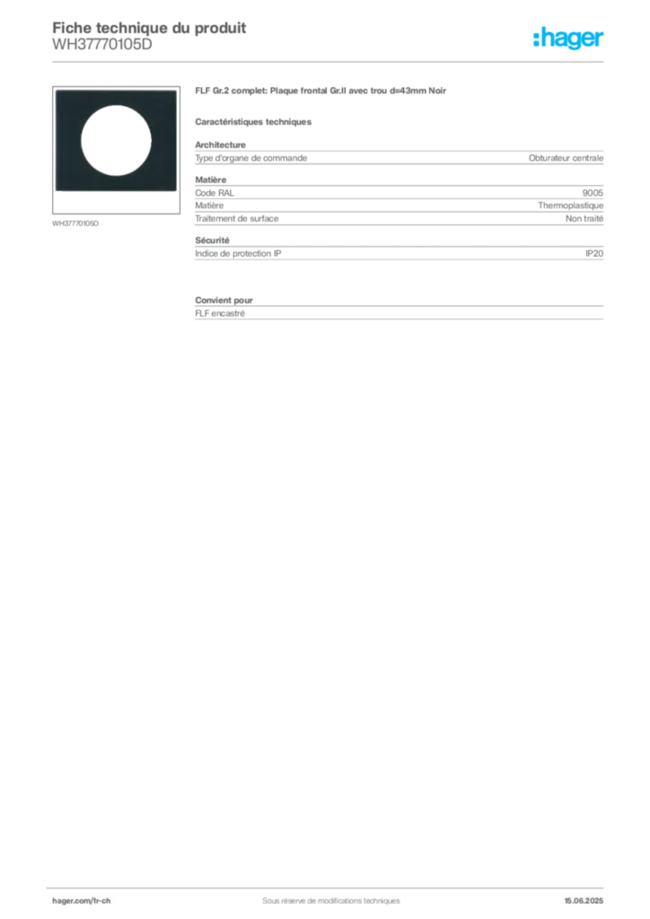 Image Hager Fiche technique du produit WH37770105D | Hager Suisse