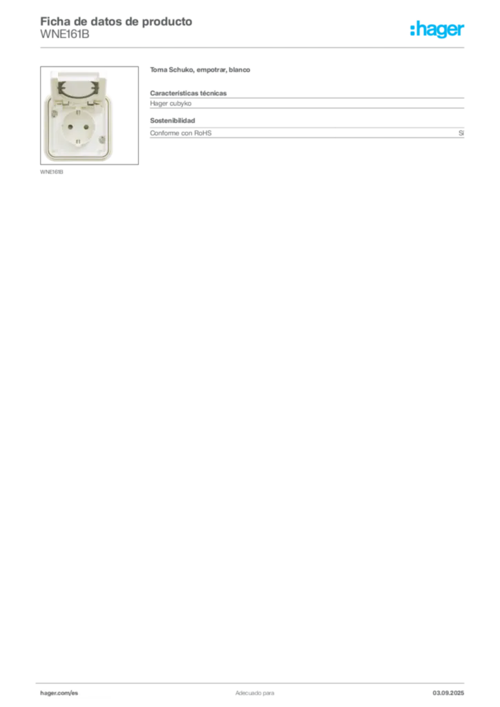 Imagen Hager Ficha de datos de producto WNE161B | Hager España
