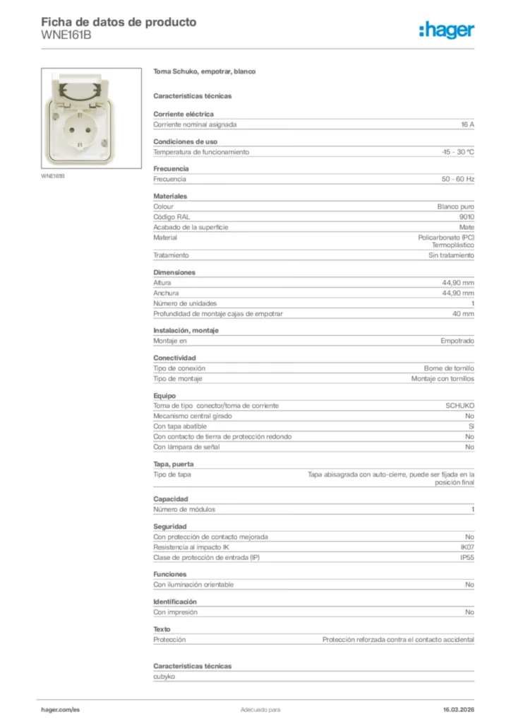 Imagen Hager Ficha de datos de producto WNE161B | Hager España
