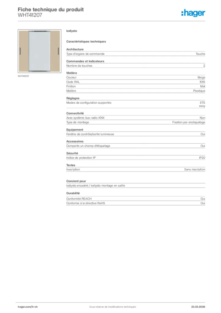 Image Hager Fiche technique du produit WHT41207 | Hager Suisse