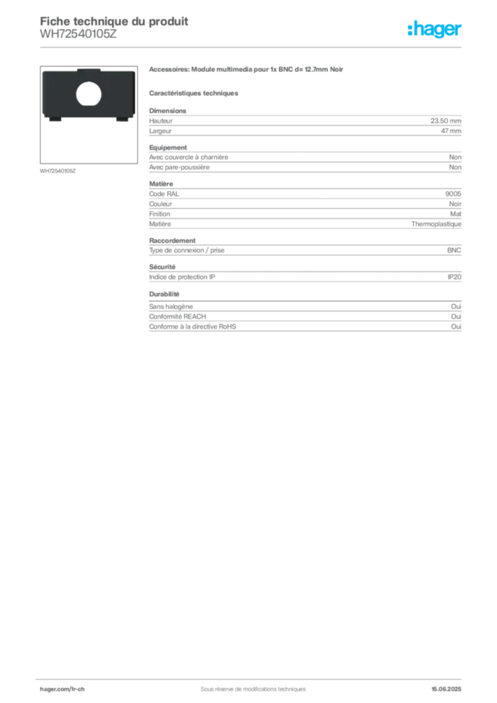 Image Hager Fiche technique du produit WH72540105Z | Hager Suisse