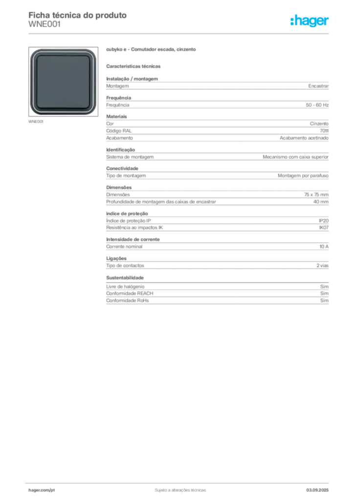 Imagem Hager Ficha técnica do produto WNE001 | Hager Portugal