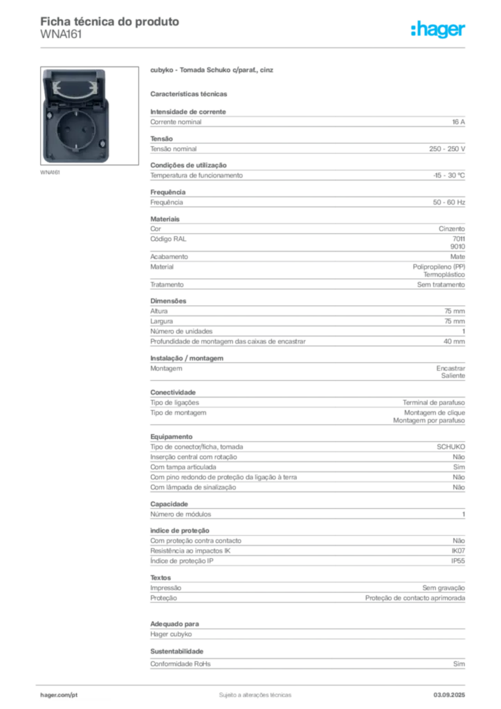 Imagem Hager Ficha técnica do produto WNA161 | Hager Portugal