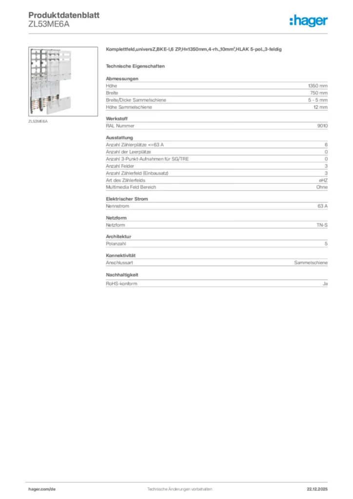 Bild Hager Produktdatenblatt ZL53ME6A | Hager Deutschland