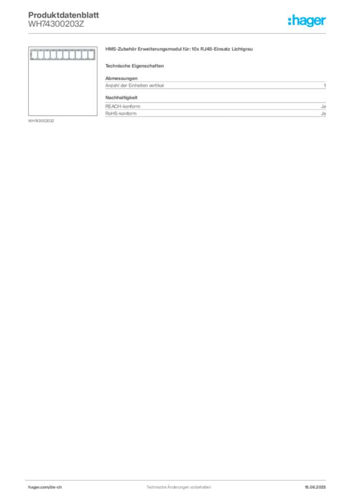Bild Hager Produktdatenblatt WH74300203Z | Hager Schweiz