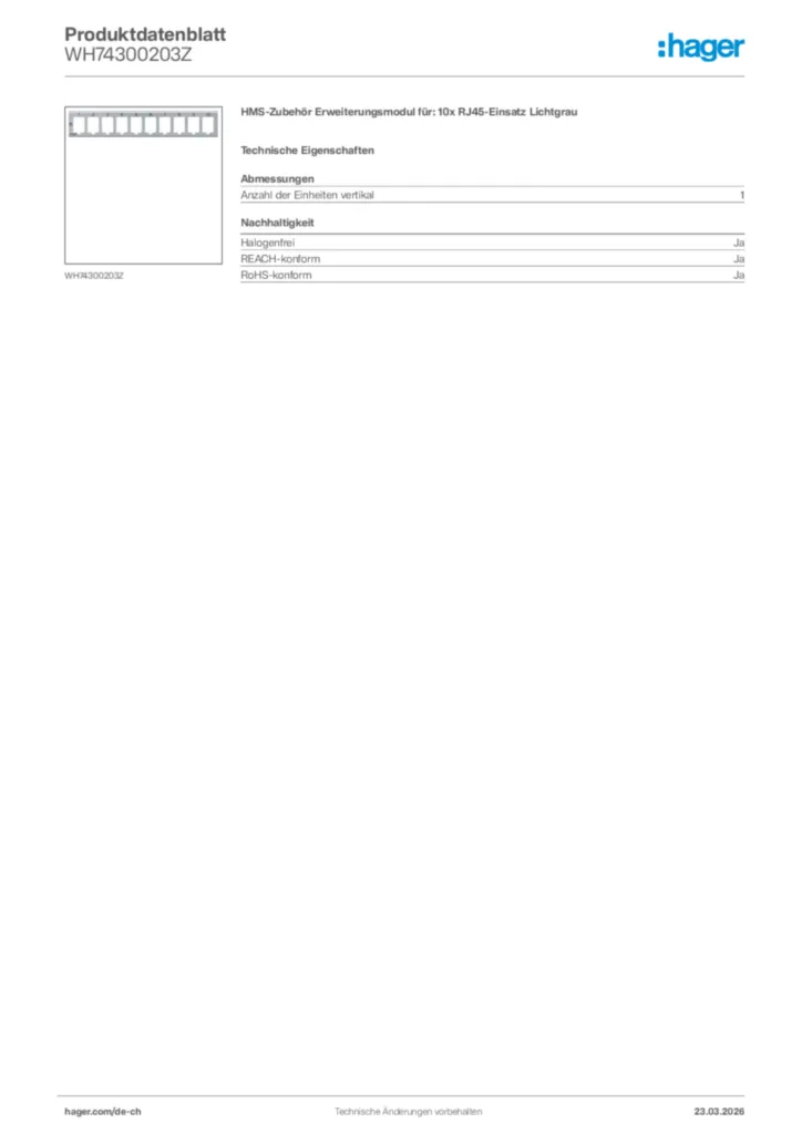Bild Hager Produktdatenblatt WH74300203Z | Hager Schweiz