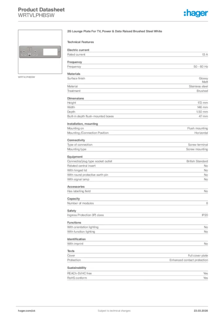 Image Hager Product data sheet WRTVLPHBSW  | Hager