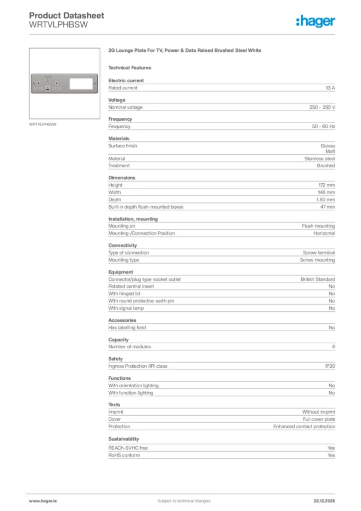 Image Hager Product data sheet WRTVLPHBSW  | Hager